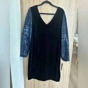 New Donna Ricco Black velvet dress blue sequin long sleeve plus sz 16 W festive